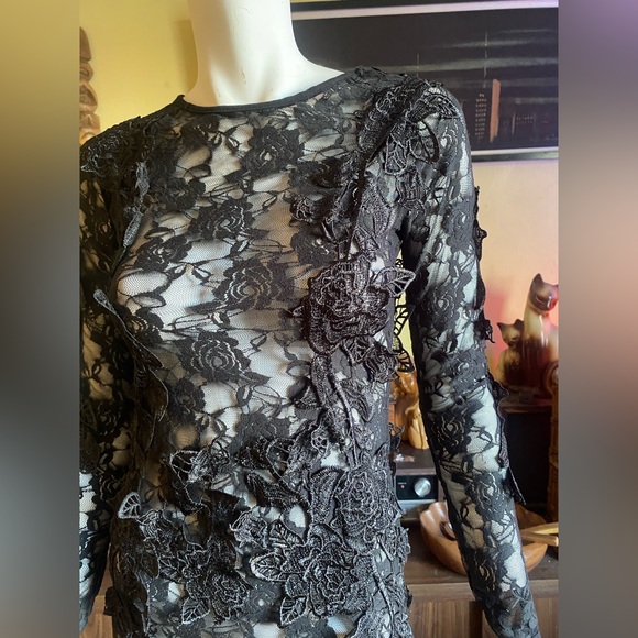 Lace black gothic elegant dark floral appliqué cocktail sexy vamp dress prom - Picture 4 of 6